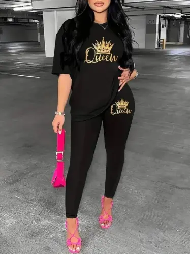 Women's Short Sleeve Queen Print Viscose Twin Set - 5