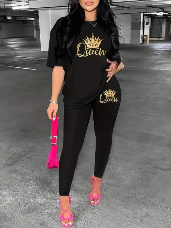 Women's Short Sleeve Queen Print Viscose Twin Set - 5