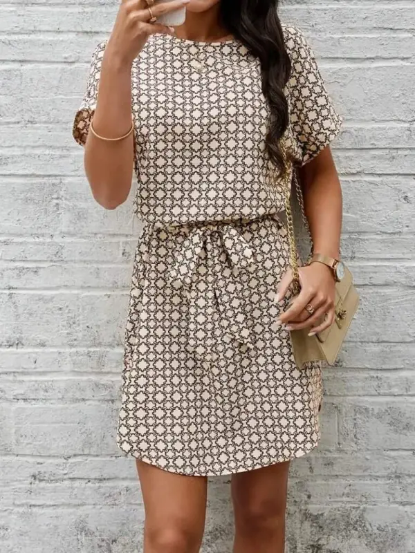 Women's Short Sleeve Round Neck Belted Geometric Patterned Supreme Dress - 1