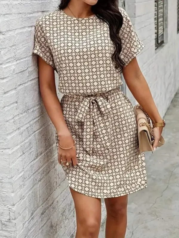 Women's Short Sleeve Round Neck Belted Geometric Patterned Supreme Dress - 2