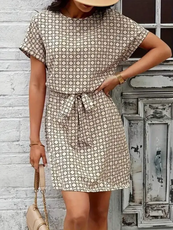 Women's Short Sleeve Round Neck Belted Geometric Patterned Supreme Dress - 3