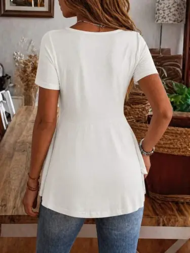 Women's Short Sleeve Round Neck Button Front Asymmetric Cut Detail Viscose Blouse - 3