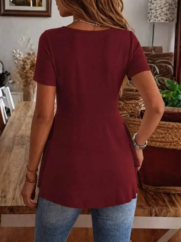 Women's Short Sleeve Round Neck Button Front Asymmetric Hem Viscose Blouse - 4