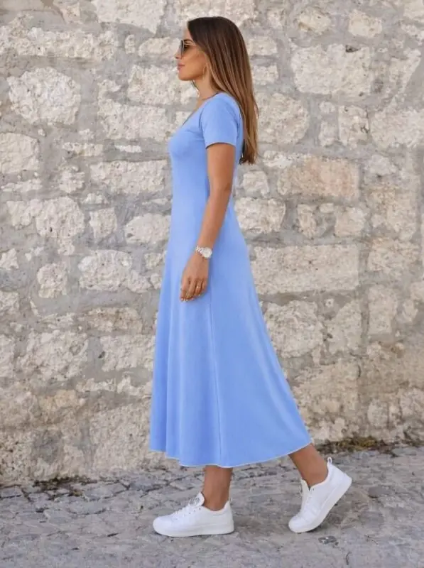 Women's Short Sleeve Round Neck Colorful Collar Flared Midi Viscose Dress - 2