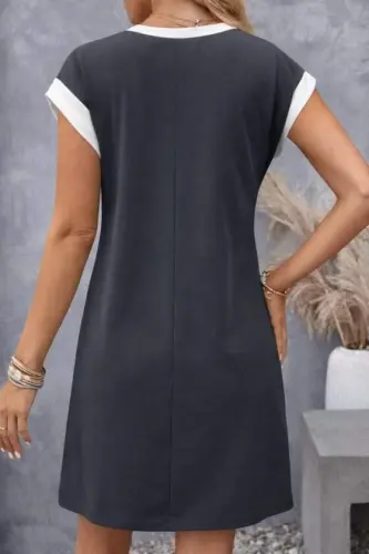 Women's Short Sleeve Round Neck Contrast Cuff Detailed Short Shimmer Crepe Dress - 2