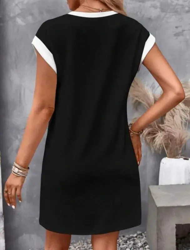Women's Short Sleeve Round Neck Contrast Cuff Detailed Short Shimmer Crepe Dress - 3