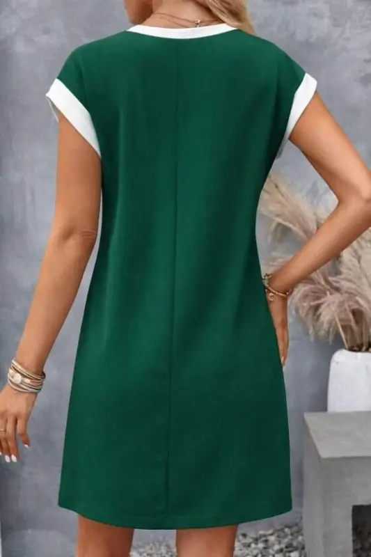 Women's Short Sleeve Round Neck Contrast Cuff Detailed Short Shimmer Crepe Dress - 3