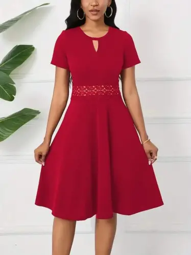 Women's Short Sleeve Round Neck Drop Detailed Shimmer Dress - BÜYÜKBEDENIZ (1)