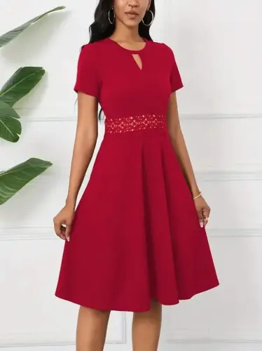 Women's Short Sleeve Round Neck Drop Detailed Shimmer Dress - 4