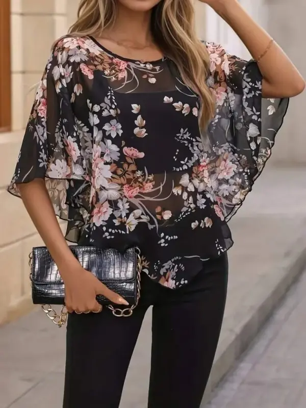 Women's Short Sleeve Round Neck Floral Print Asymmetrical Cut Chiffon Blouse - BÜYÜKBEDENIZ