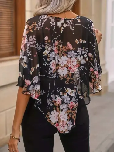 Women's Short Sleeve Round Neck Floral Print Asymmetrical Cut Chiffon Blouse - BÜYÜKBEDENIZ (1)