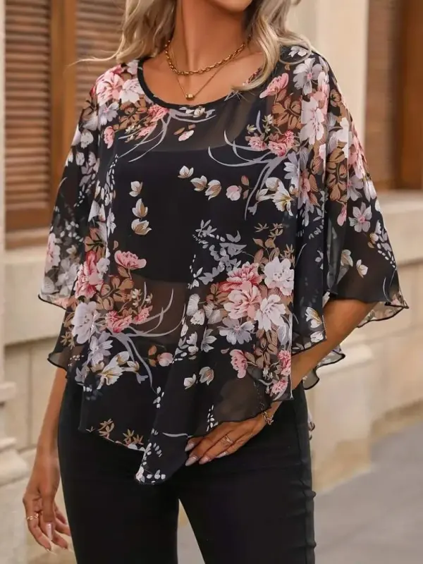 Women's Short Sleeve Round Neck Floral Print Asymmetrical Cut Chiffon Blouse - 3