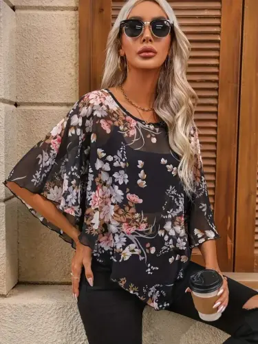 Women's Short Sleeve Round Neck Floral Print Asymmetrical Cut Chiffon Blouse - 6