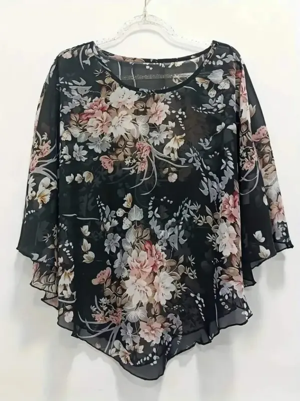 Women's Short Sleeve Round Neck Floral Print Asymmetrical Cut Chiffon Blouse - 7