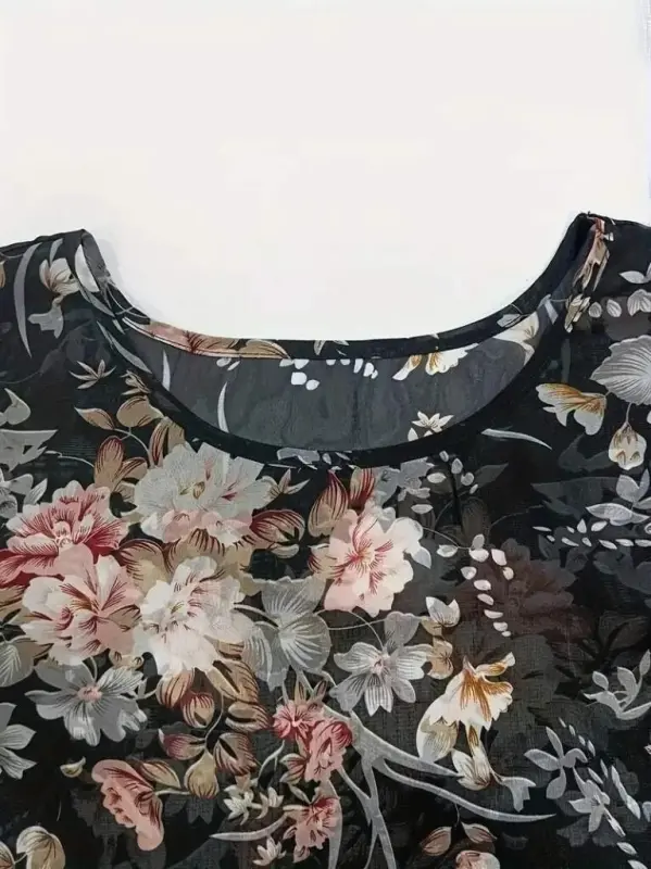 Women's Short Sleeve Round Neck Floral Print Asymmetrical Cut Chiffon Blouse - 8