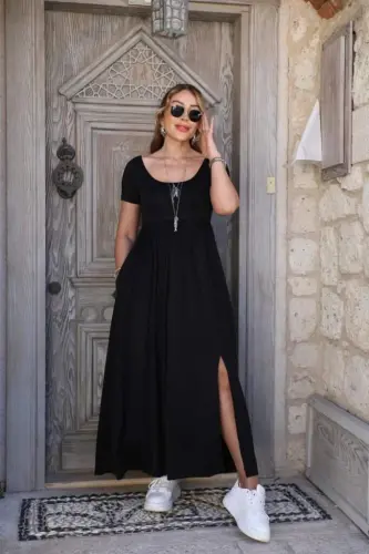 Women's Short Sleeve Round Neck Front Slit Pocket Viscose Maxi Dress - 1