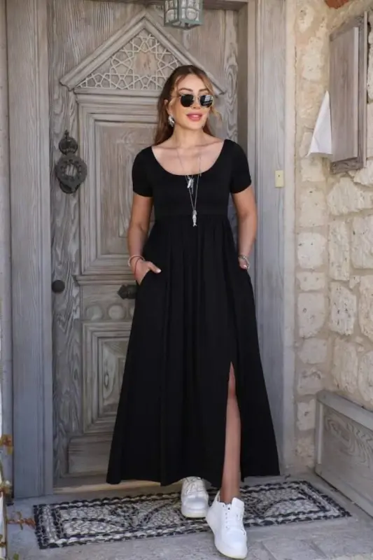 Women's Short Sleeve Round Neck Front Slit Pocket Viscose Maxi Dress - 4