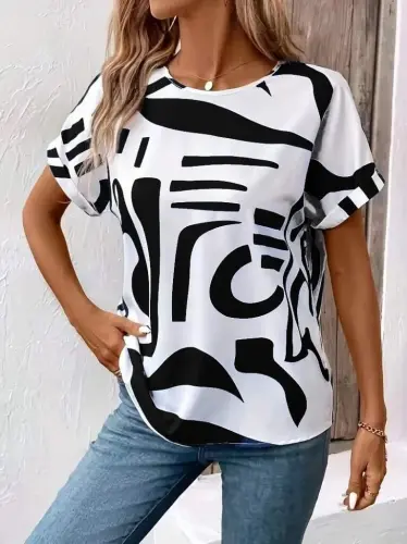 Women's Short Sleeve Round Neck Patterned Supima Blouse - 1