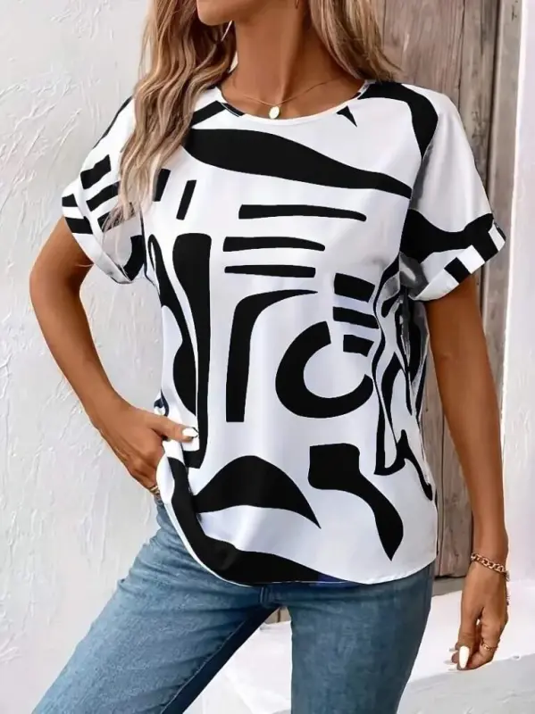 Women's Short Sleeve Round Neck Patterned Supima Blouse - BÜYÜKBEDENIZ