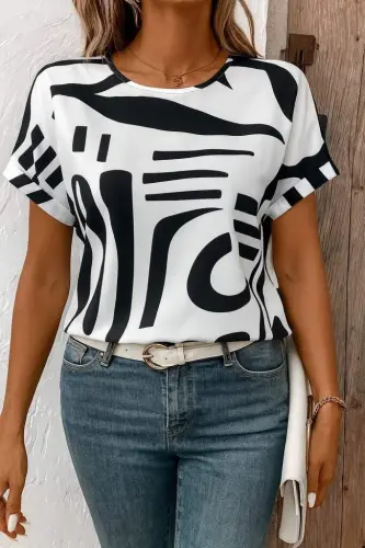 Women's Short Sleeve Round Neck Patterned Supima Blouse - BÜYÜKBEDENIZ (1)