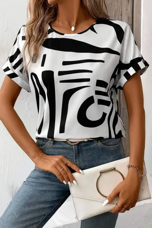 Women's Short Sleeve Round Neck Patterned Supima Blouse - 3