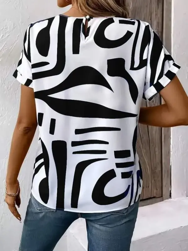 Women's Short Sleeve Round Neck Patterned Supima Blouse - 4