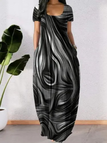 Women's Short Sleeve Round Neck Pocketed Loose Printed Supima Dress - 1