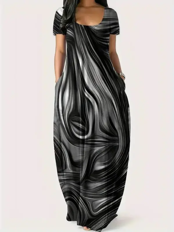 Women's Short Sleeve Round Neck Pocketed Loose Printed Supima Dress - 2