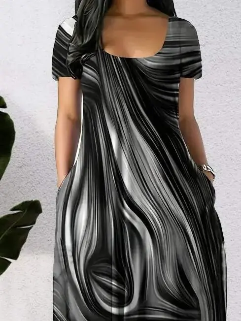 Women's Short Sleeve Round Neck Pocketed Loose Printed Supima Dress - 3