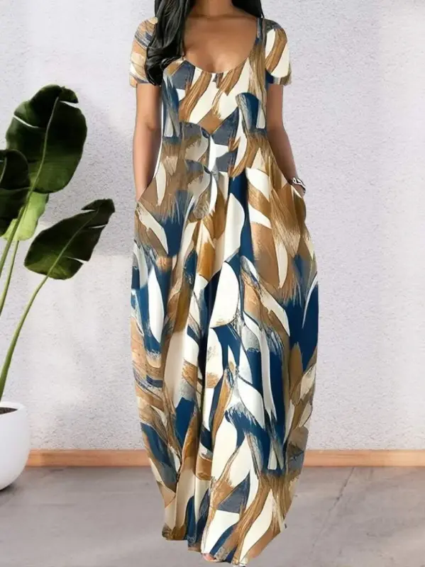 Women's Short Sleeve Round Neck Pocketed Loose Printed Supima Dress - BÜYÜKBEDENIZ