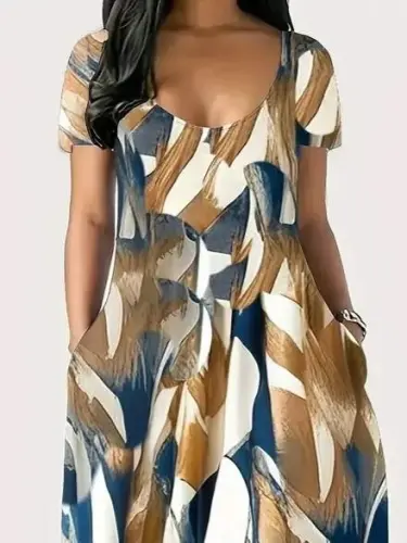 Women's Short Sleeve Round Neck Pocketed Loose Printed Supima Dress - BÜYÜKBEDENIZ (1)