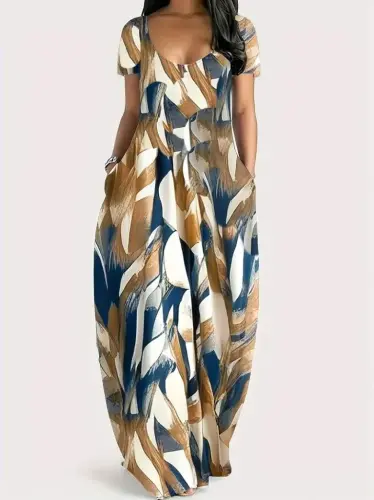 Women's Short Sleeve Round Neck Pocketed Loose Printed Supima Dress - 3