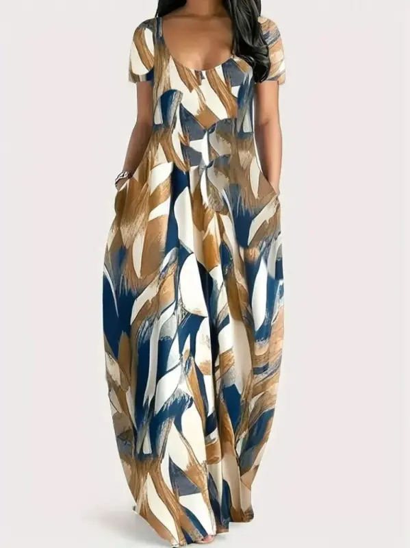 Women's Short Sleeve Round Neck Pocketed Loose Printed Supima Dress - 3