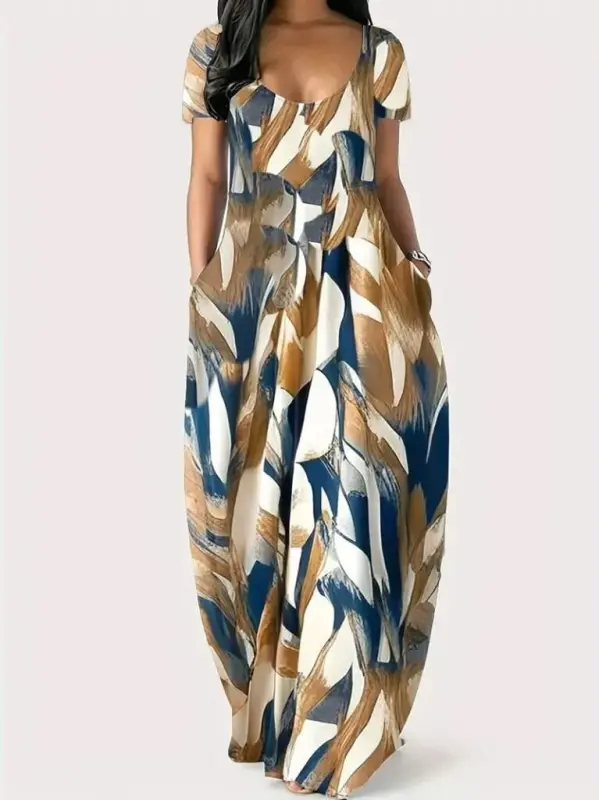 Women's Short Sleeve Round Neck Pocketed Loose Printed Supima Dress - 4