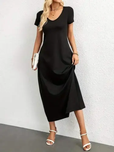 Women's Short Sleeve Round Neck Pocketed Viscose Dress - 1