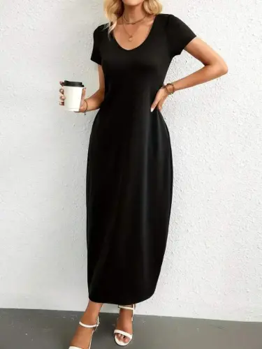 Women's Short Sleeve Round Neck Pocketed Viscose Dress - BÜYÜKBEDENIZ (1)