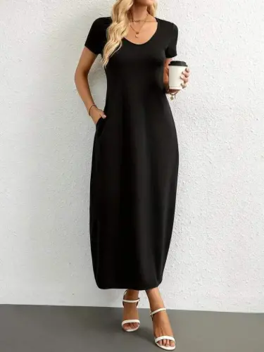 Women's Short Sleeve Round Neck Pocketed Viscose Dress - 3