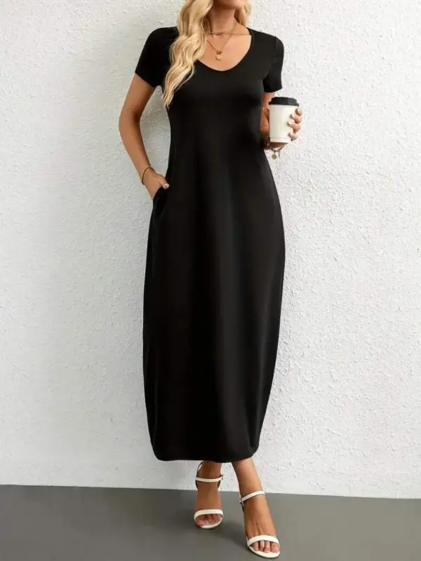 Women's Short Sleeve Round Neck Pocketed Viscose Dress - 3