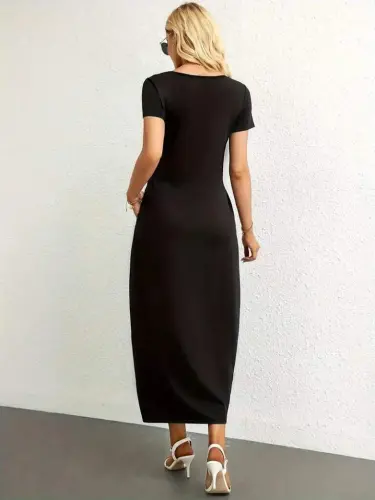 Women's Short Sleeve Round Neck Pocketed Viscose Dress - 4