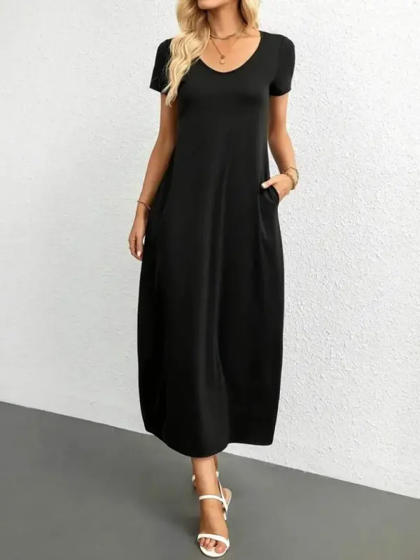 Women's Short Sleeve Round Neck Pocketed Viscose Dress - 6