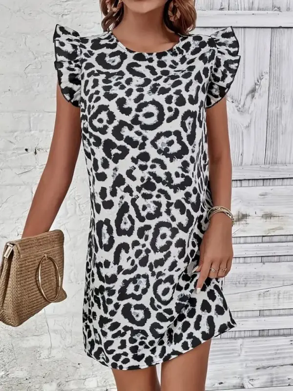 Women's Short Sleeve Ruffle Detail Back Tie Leopard Print Sleeveless Mini Micro Dress - 1
