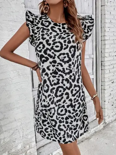 Women's Short Sleeve Ruffle Detail Back Tie Leopard Print Sleeveless Mini Micro Dress - 4