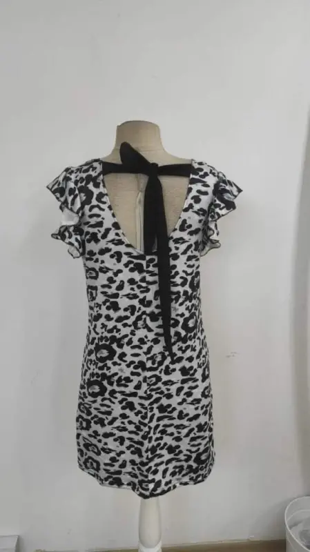Women's Short Sleeve Ruffle Detail Back Tie Leopard Print Sleeveless Mini Micro Dress - 6