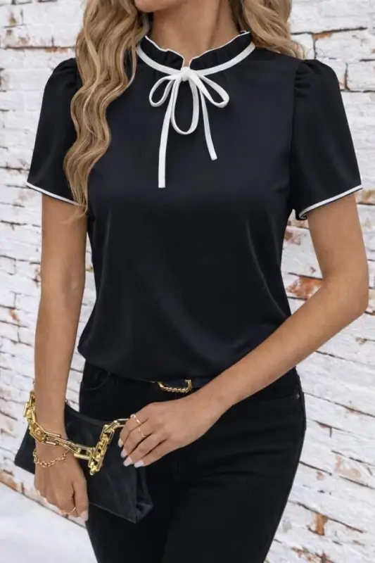 Women's Short Sleeve Ruffle Neck Lace-Up Shimmer Crepe Blouse - 1