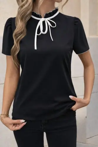 Women's Short Sleeve Ruffle Neck Lace-Up Shimmer Crepe Blouse - 2