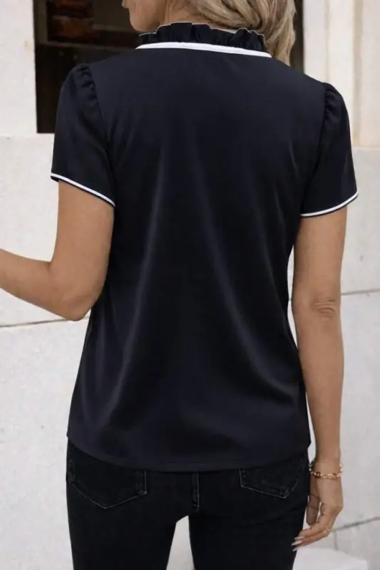 Women's Short Sleeve Ruffle Neck Lace-Up Shimmer Crepe Blouse - 3