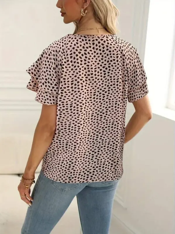 Women's Short Sleeve Ruffled Printed Supreme Blouse - 2
