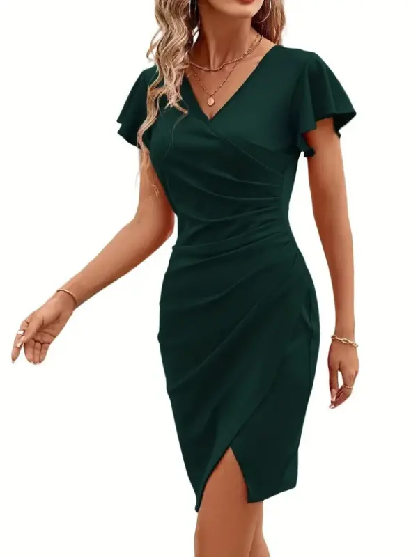 Women's Short Sleeve Ruffled Wrap Neck Side Ruched Imported Crepe Dress - 3