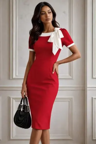 Women's Short Sleeve Short Imported Crepe Dress with Decorative Lace-up Neckline - BÜYÜKBEDENIZ (1)