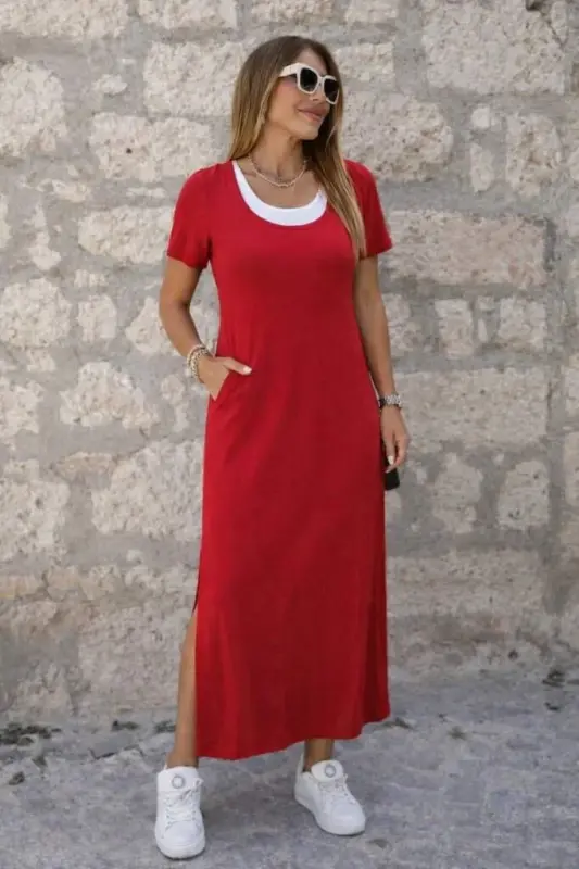 Women's Short Sleeve Side Slit Long Viscose Dress with Built-in Tank Top Look - BÜYÜKBEDENIZ